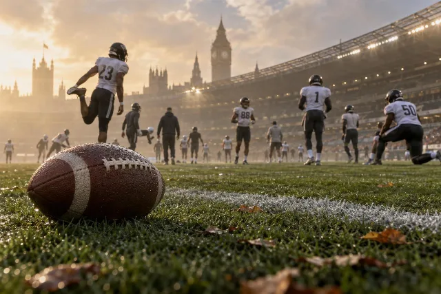 Ein Football liegt auf dem Spielfeld, während Spieler sich vor einem internationalen NFL-Spiel aufwärmen.