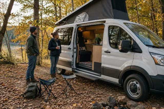 Ein Paar neben einem Campingbus in einer herbstlichen Landschaft.
