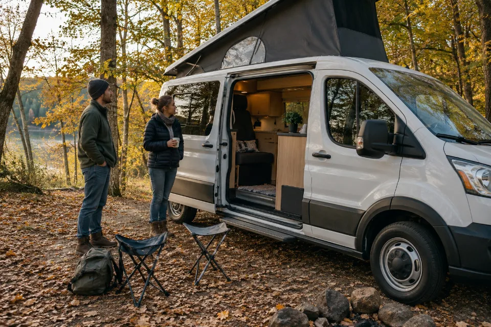 Ein Paar neben einem Campingbus in einer herbstlichen Landschaft.