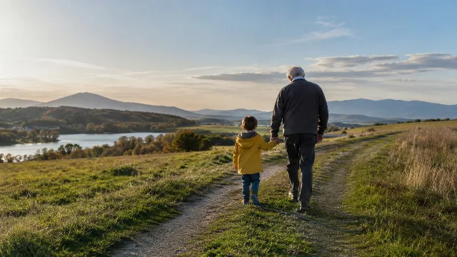 Junge und ältere Person gehen gemeinsam einen Weg in einer offenen Landschaft.
