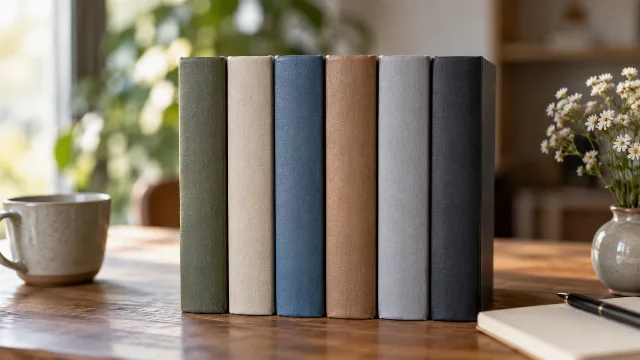Sechs neutrale gebundene Bücher mit leeren Buchrücken.