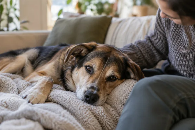 Ein Hund ruht auf einer Decke neben einer aufmerksamen Betreuungsperson.
