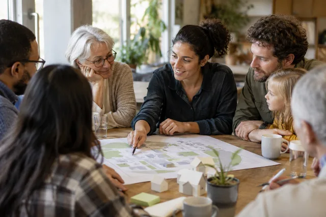 Bewohner verschiedener Generationen besprechen Wohnpläne an einem Tisch.