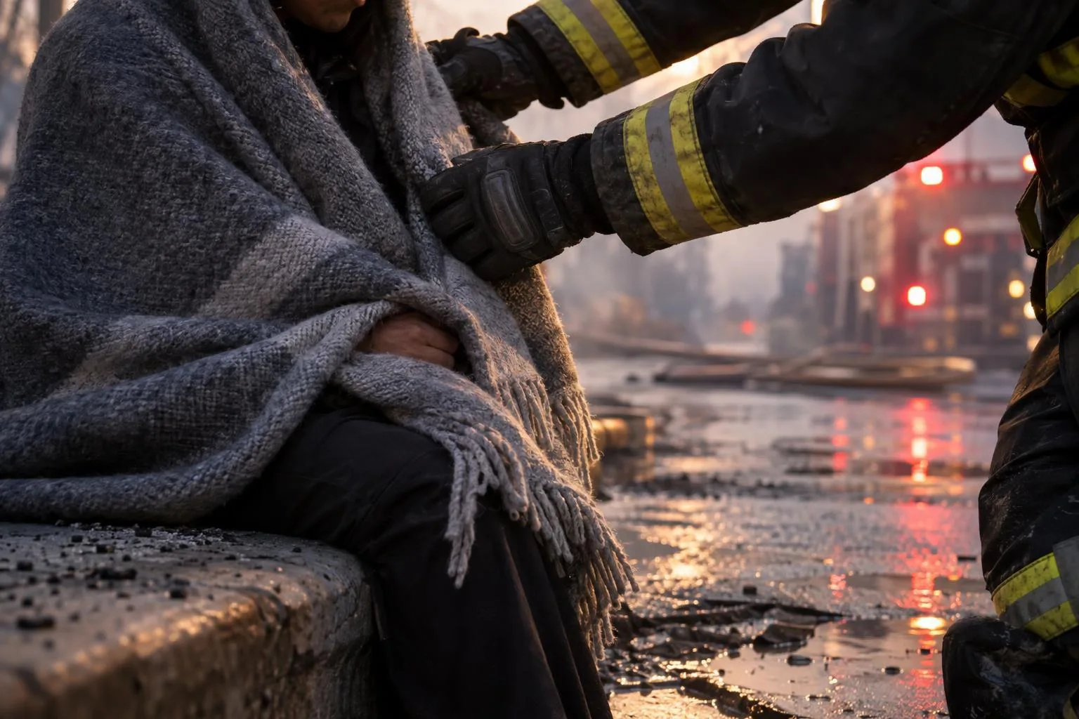 KI-generiertes Symbolbild: Feuerwehrleute betreuen Bewohner nach einem Kellerbrand vor einem Mehrfamilienhaus.