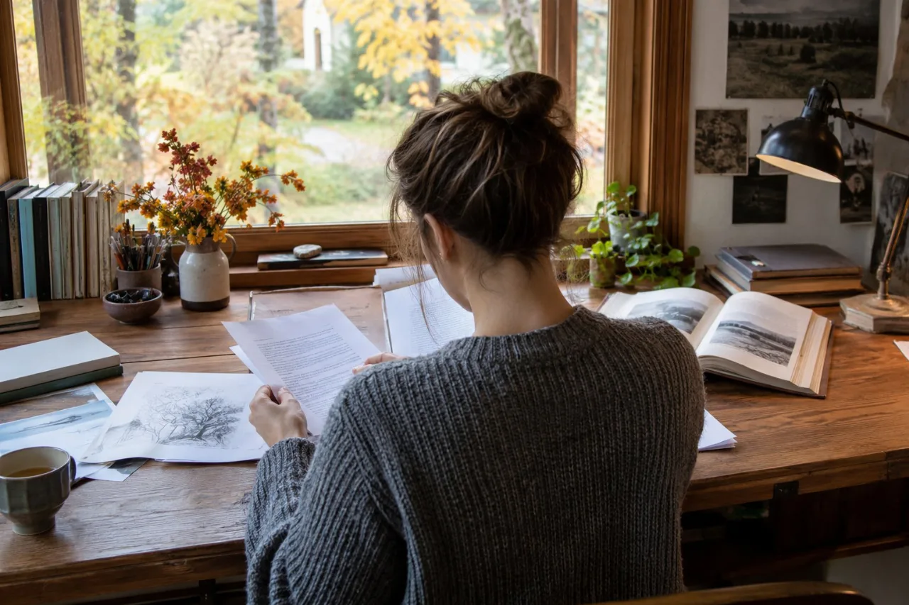 Eine anonyme Autorin arbeitet an einem Schreibtisch mit Büchern und Papier.
