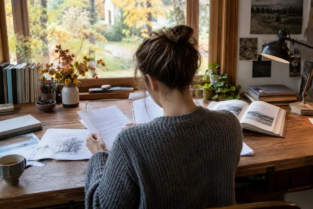 Eine anonyme Autorin arbeitet an einem Schreibtisch mit Büchern und Papier.