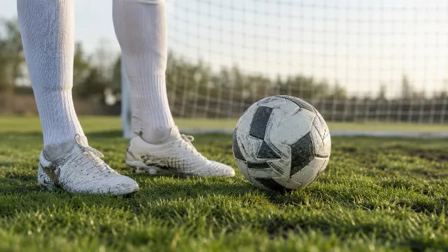 KI-generiertes Symbolbild: Weiße Fußballschuhe und Ball vor einem Tornetz, ohne Spieleridentität.