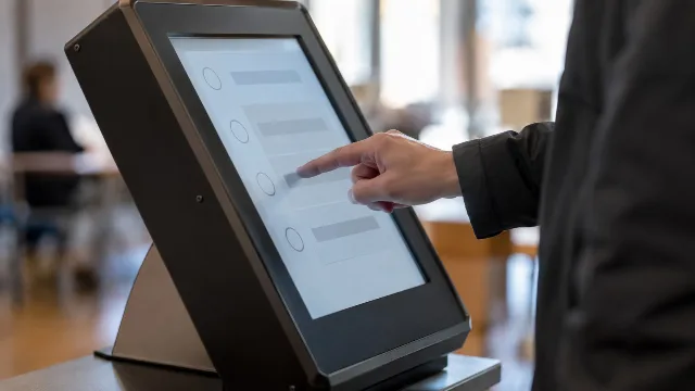 Hand an einem neutralen elektronischen Wahlgerät ohne Kandidatennamen.
