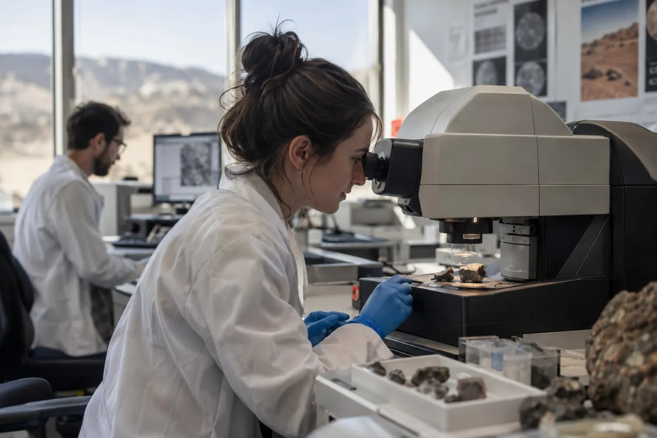 Eine Wissenschaftlerin untersucht Gesteinsproben im Labor.
