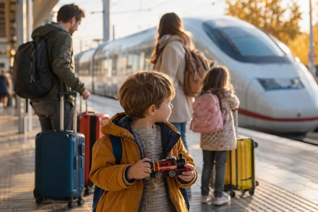 KI-generiertes Symbolbild: Eine Familie mit Gepäck wartet symbolisch auf einem Bahnsteig vor einem unscharf sichtbaren Zug.