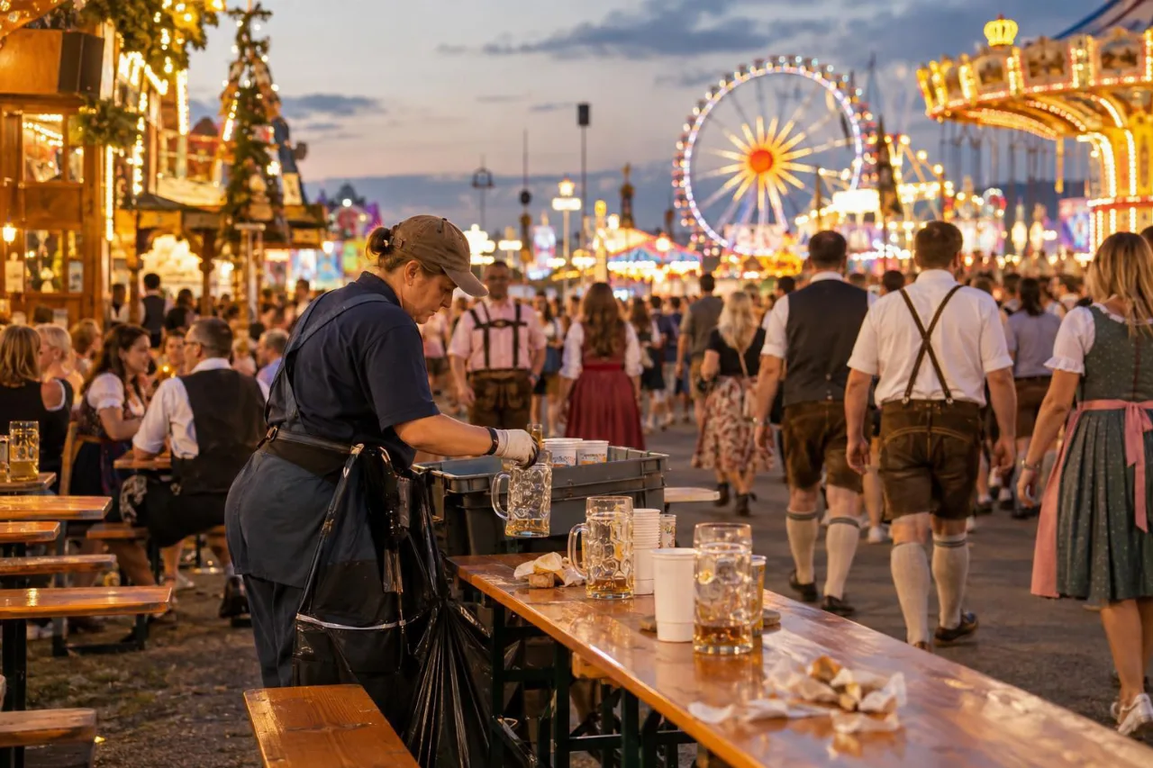 Symbolbild eines gut besuchten Volksfests mit Reinigungskraft und Fahrgeschäften im Abendlicht.