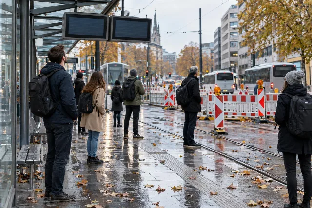 Pendlerinnen und Pendler an einer Haltestelle neben Absperrungen als Symbol für Verkehrseinschränkungen.