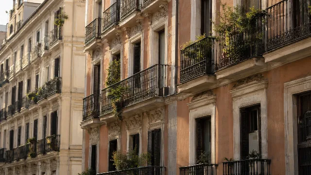 KI-generiertes Symbolbild: Wohnhäuser und Balkone in Madrid.