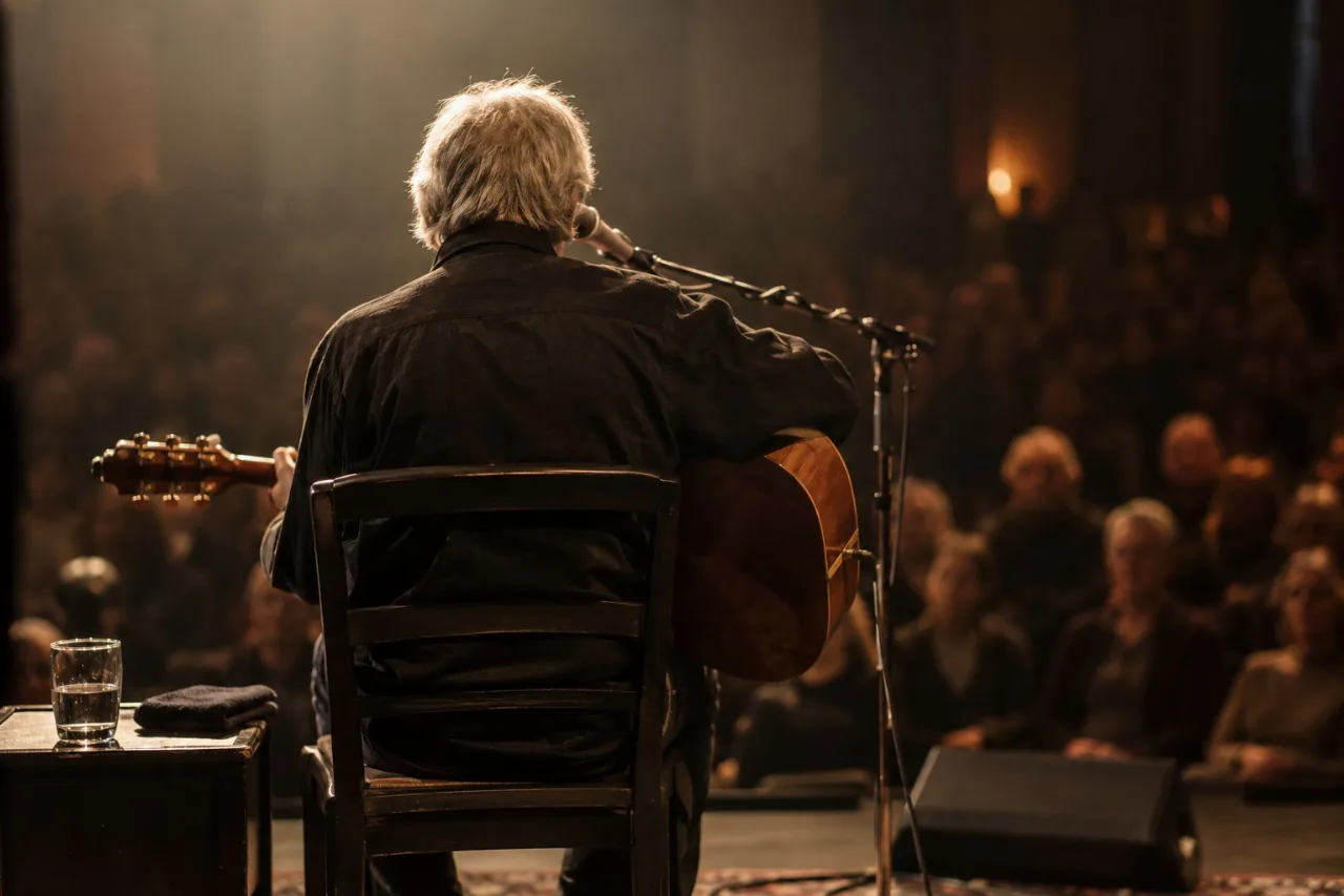 Ein nicht identifizierbarer Musiker mit Akustikgitarre auf einer kleinen Bühne; kein Porträt von Reinhard Mey.
