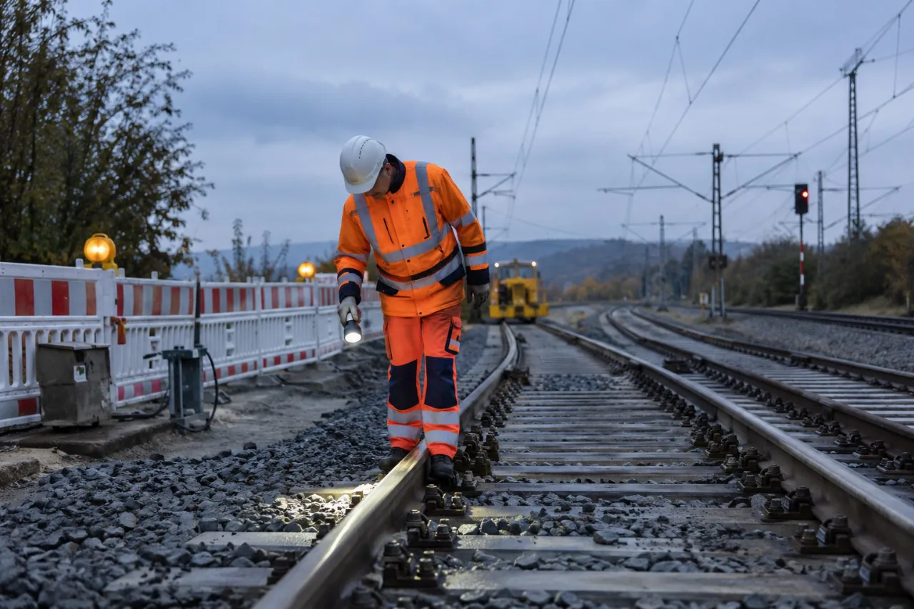 KI-generiertes Symbolbild: Symbolische Kontrolle von Bahngleisen durch eine Fachkraft, aus sicherem Arbeitsbereich.