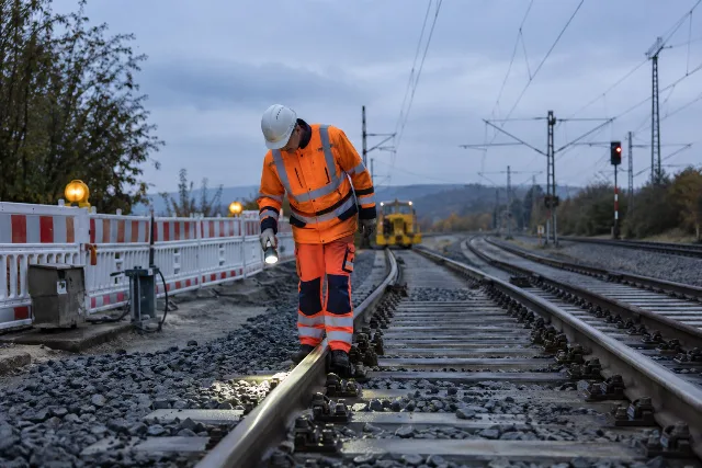 Symbolische Kontrolle von Bahngleisen durch eine Fachkraft, aus sicherem Arbeitsbereich.