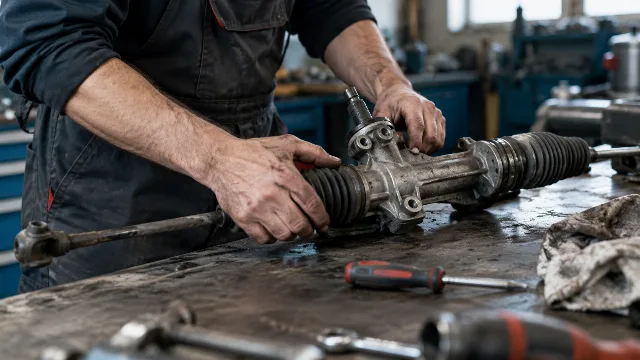 KI-generiertes Symbolbild: Mechanikerhände prüfen ein Lenkungsteil in einer Werkstatt.