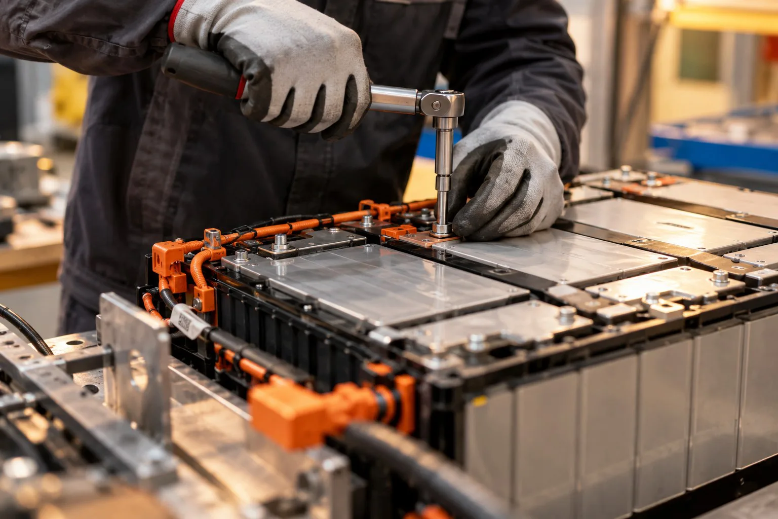 Behandschuhte Hände montieren Komponenten eines Batteriepakets.