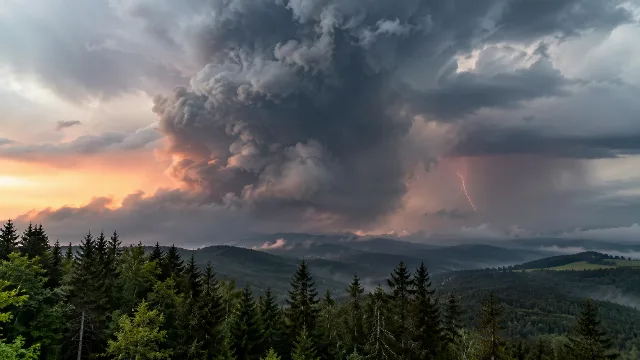 KI-generiertes Symbolbild: Hohe Rauch- und Gewitterwolke über einer fiktiven Waldlandschaft.