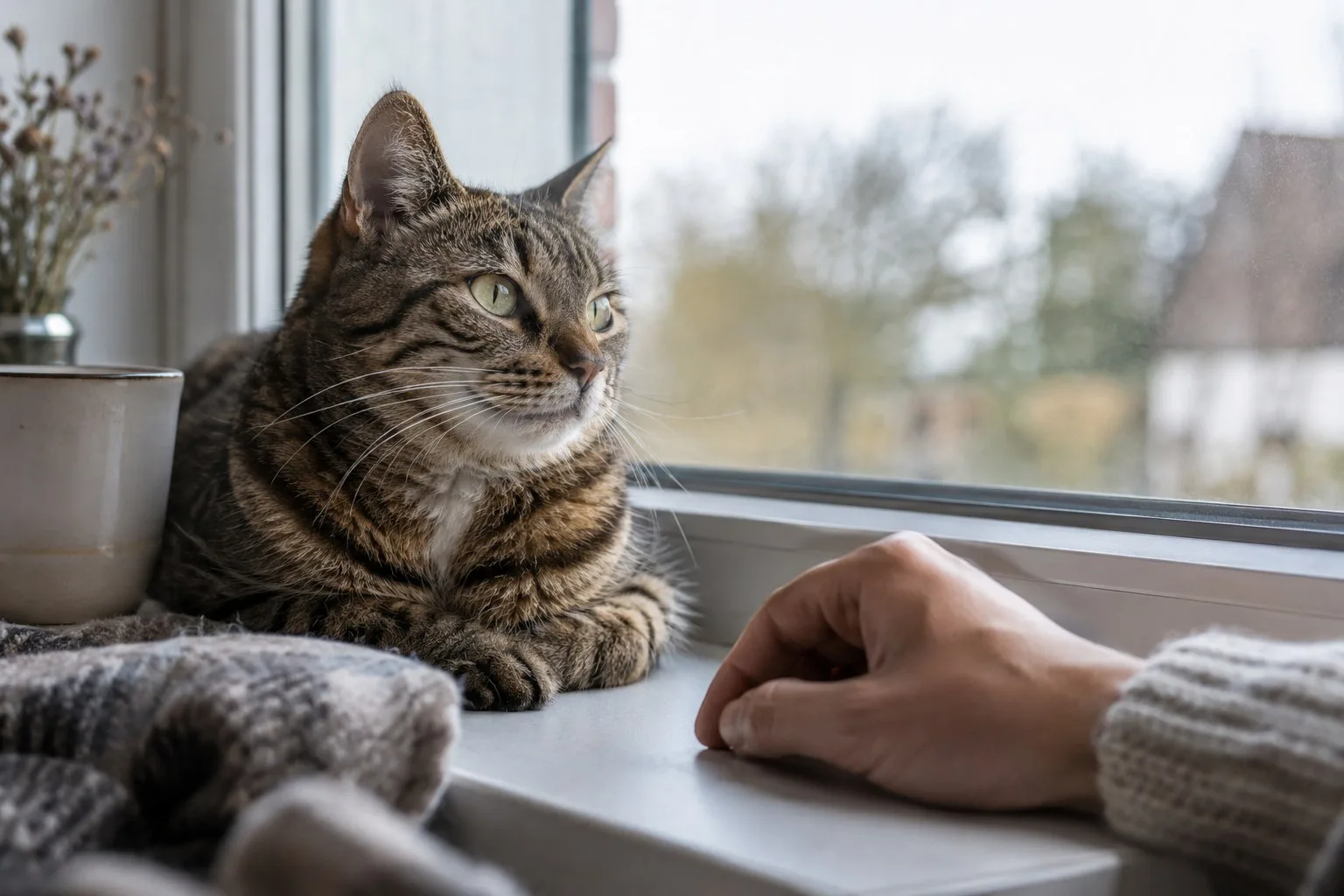 Eine Katze auf einer Fensterbank mit einer Hand in respektvollem Abstand.