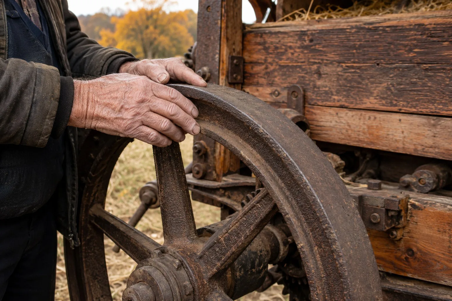 Hände an einem historischen mechanischen Rad landwirtschaftlicher Technik.
