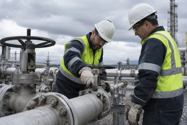 KI-generiertes Symbolbild: Fiktive Fachkräfte kontrollieren Energieanlagen, symbolische Szene.