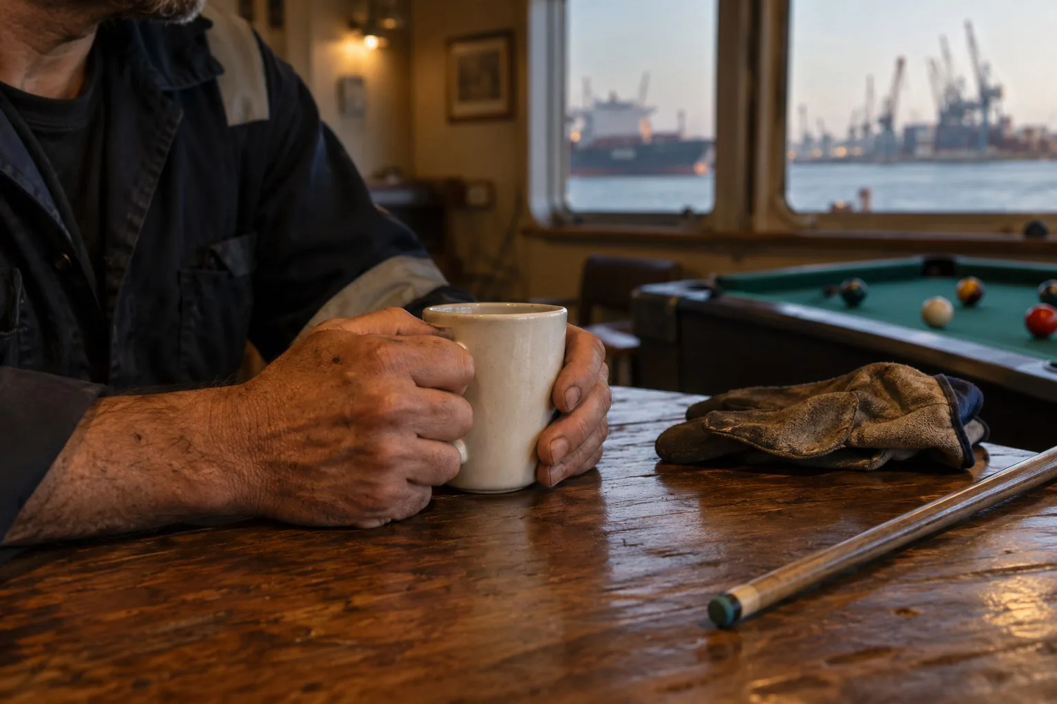 Hände eines fiktiven Seefahrers mit Kaffeebecher und Arbeitshandschuhen.