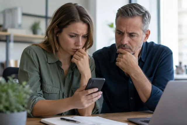Zwei Beschäftigte prüfen gemeinsam eine verdächtige Nachricht auf einem Telefon.