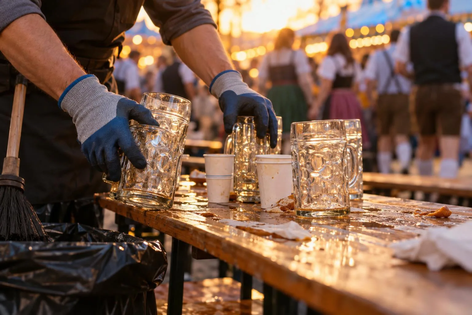 Symbolbild eines gut besuchten Volksfests mit Reinigungskraft und Fahrgeschäften im Abendlicht.