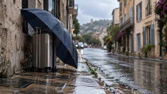 Schirm und Reisegepäck an einer regennassen Straße in Südfrankreich.