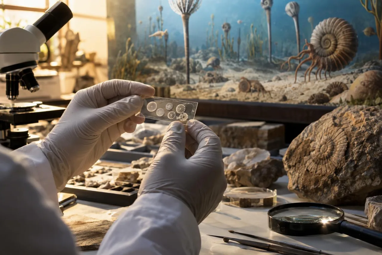 Forschende Hände untersuchen im Labor eine Probe mit mikroskopischen Fossilstrukturen.