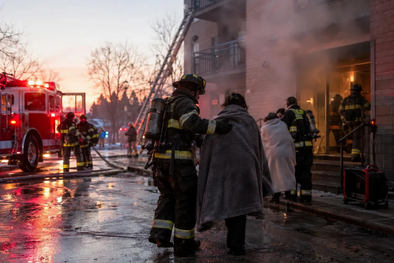 KI-generiertes Symbolbild: Feuerwehrleute betreuen Bewohner nach einem Kellerbrand vor einem Mehrfamilienhaus.