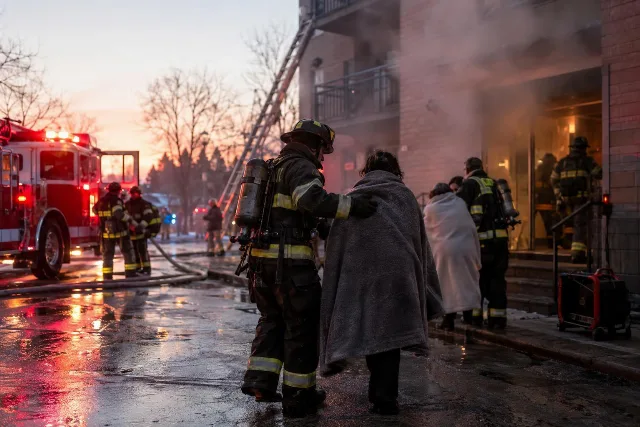 KI-generiertes Symbolbild: Feuerwehrleute betreuen Bewohner nach einem Kellerbrand vor einem Mehrfamilienhaus.