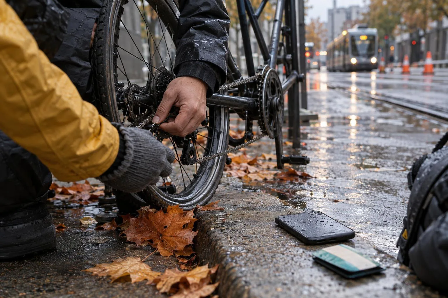 KI-generiertes Symbolbild: Pendlerinnen und Pendler an einer Haltestelle neben Absperrungen als Symbol für Verkehrseinschränkungen.