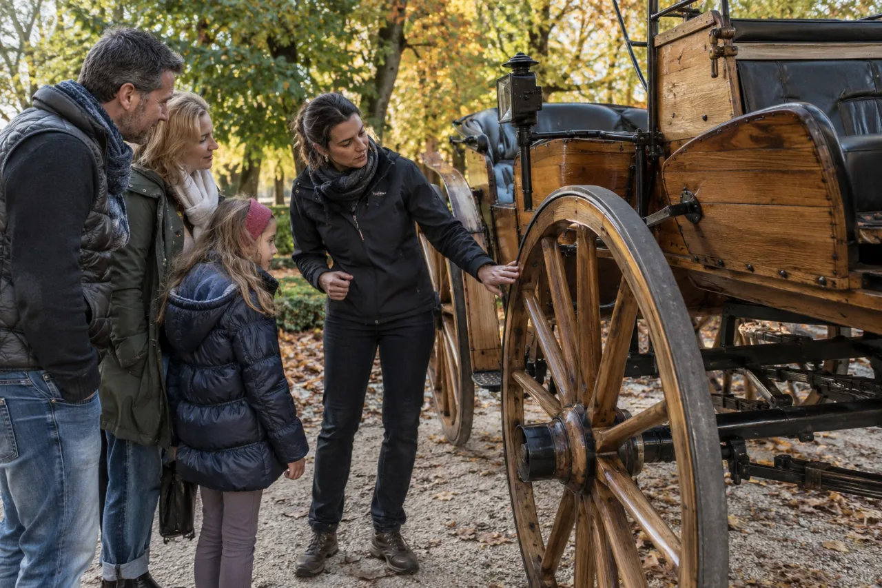 Eine Familie betrachtet mit einem Guide eine historische Kutsche im Grünen.