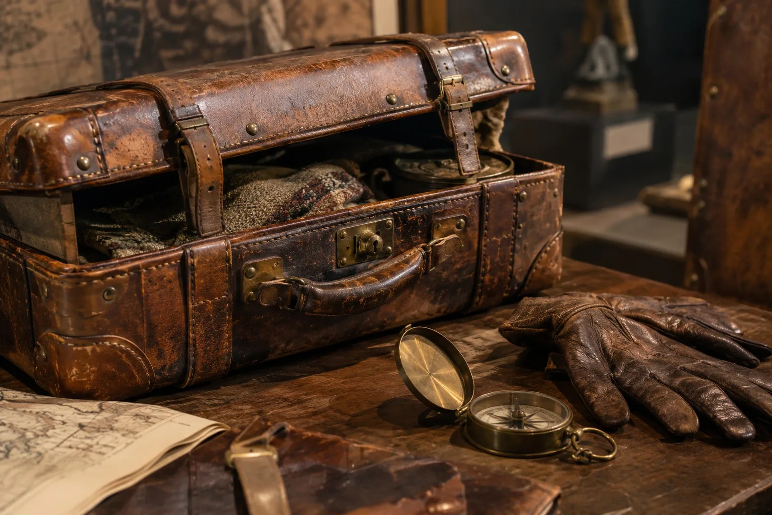 Alter Lederkoffer und historische Reiseutensilien in einer Ausstellung.