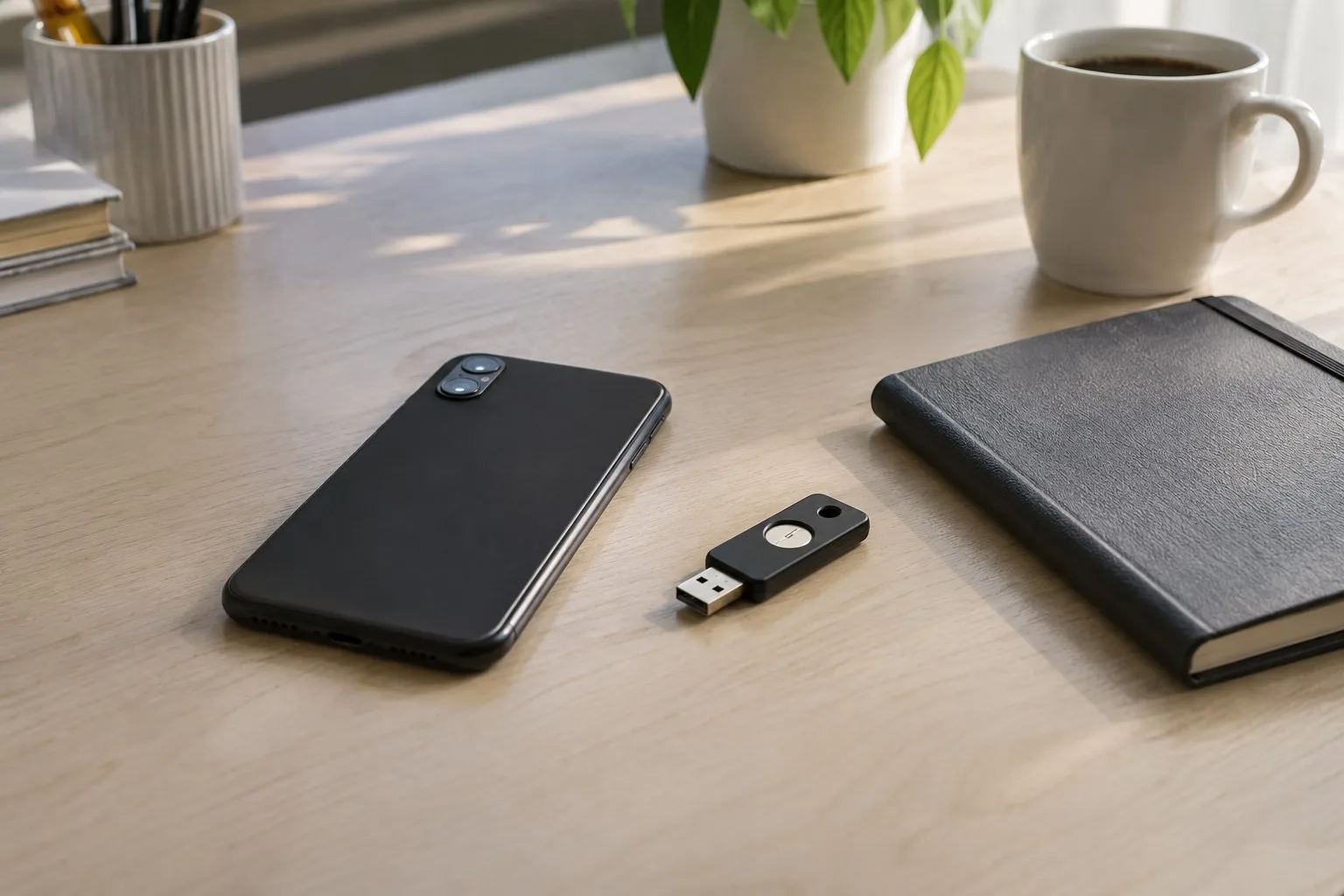 Smartphone und Hardware-Sicherheitsschlüssel auf einem Schreibtisch.
