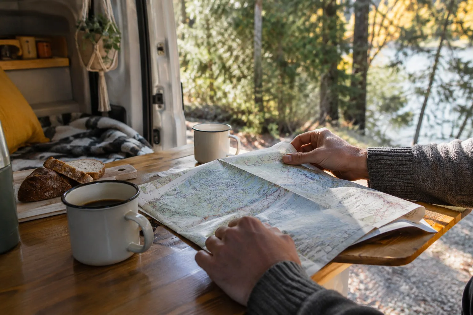Reiseplanung mit Papierkarte und Kaffeebechern im Campingbus.