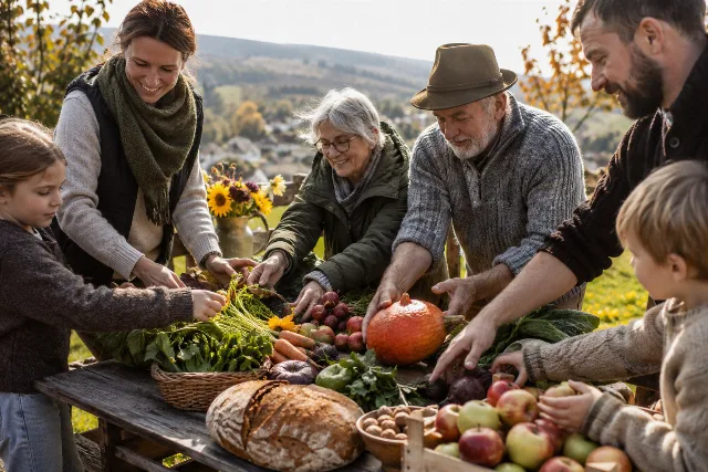 Eine Familie gestaltet gemeinsam einen herbstlichen Erntetisch; symbolische Szene.