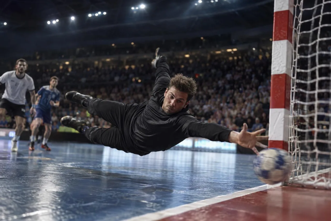 Ein Handballtorwart springt in einer Halle nach einem Ball.