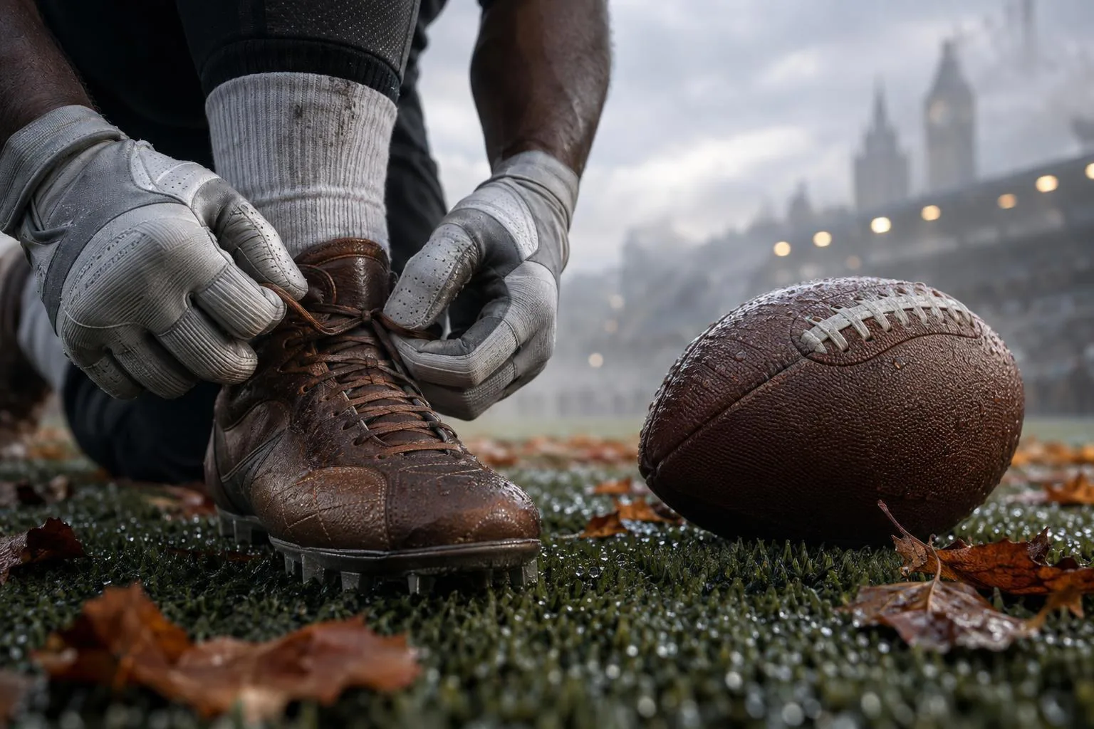 KI-generiertes Symbolbild: Ein Football liegt auf dem Spielfeld, während Spieler sich vor einem internationalen NFL-Spiel aufwärmen.