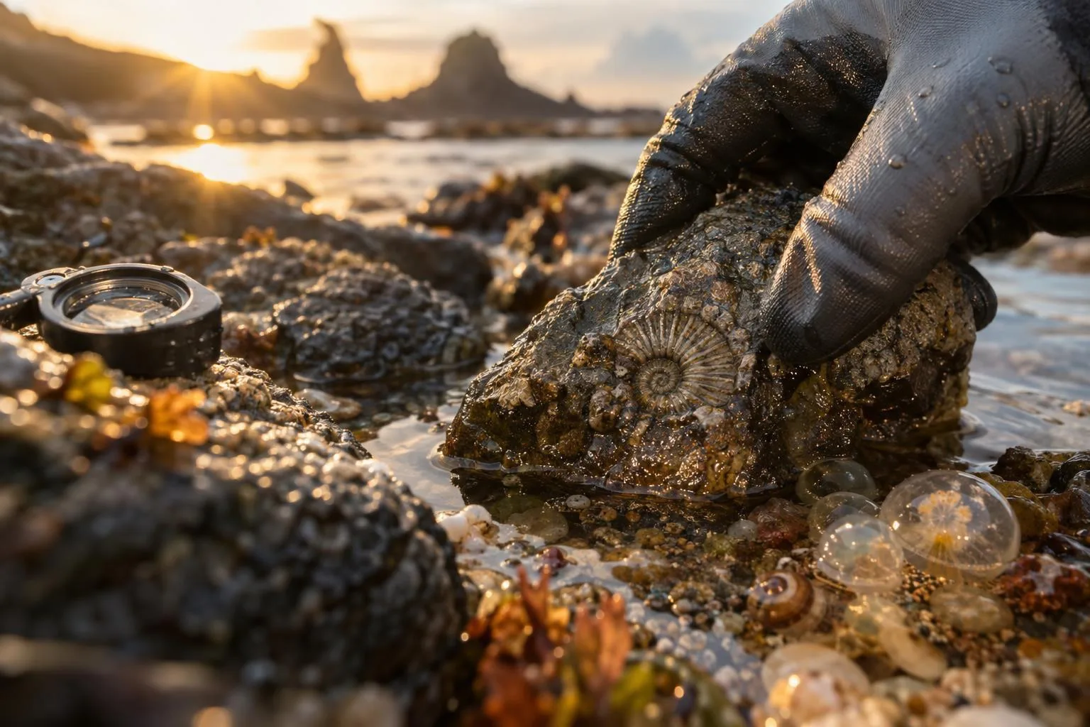 Forschende Hände untersuchen im Labor eine Probe mit mikroskopischen Fossilstrukturen.